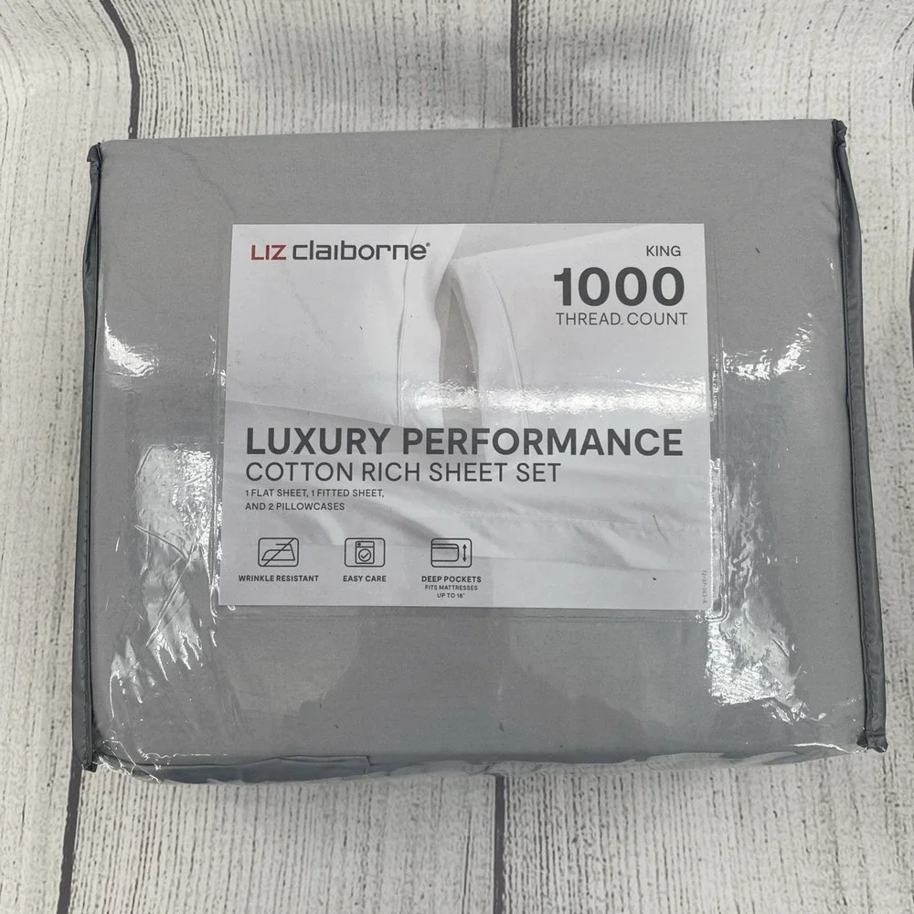 Liz Claiborne Sheet Set KING Light Gray Luxury Performance 1000TC Cotton Crisp